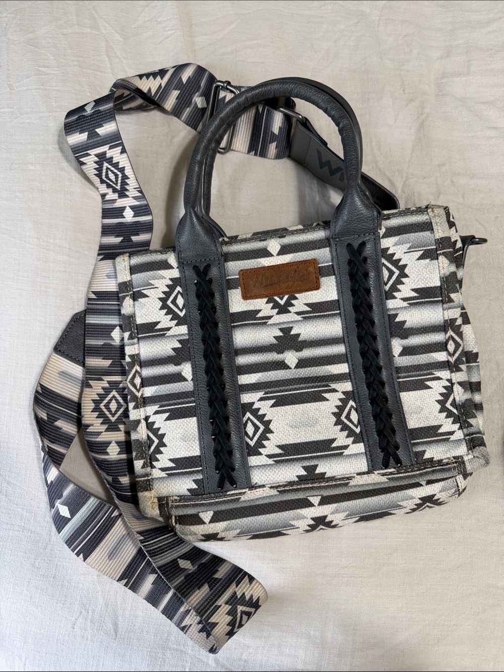 Wrangler Black & Cream Woven Geo Crossbody Satchel